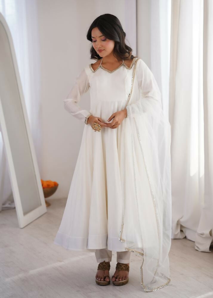 Lehenga Mart Designer Anarkali Suit With Kurta, Pant, Dupatta For Women-White
