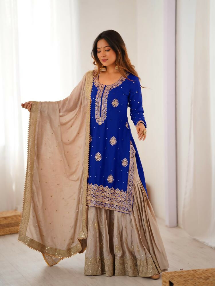 Lehenga Mart Designer Sharara Suit With Kurta, Sharara, Dupatta For Women-Blue