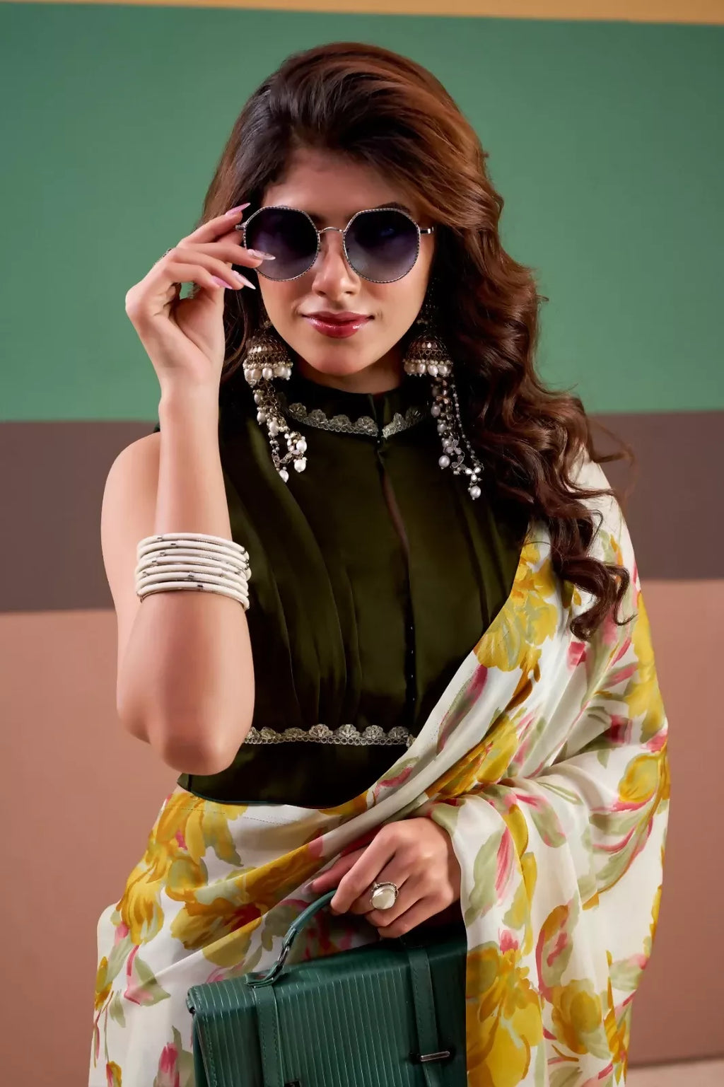 Vastranavya Yellow Satin Silk Floral Printed Saree with Stitched Blouse
