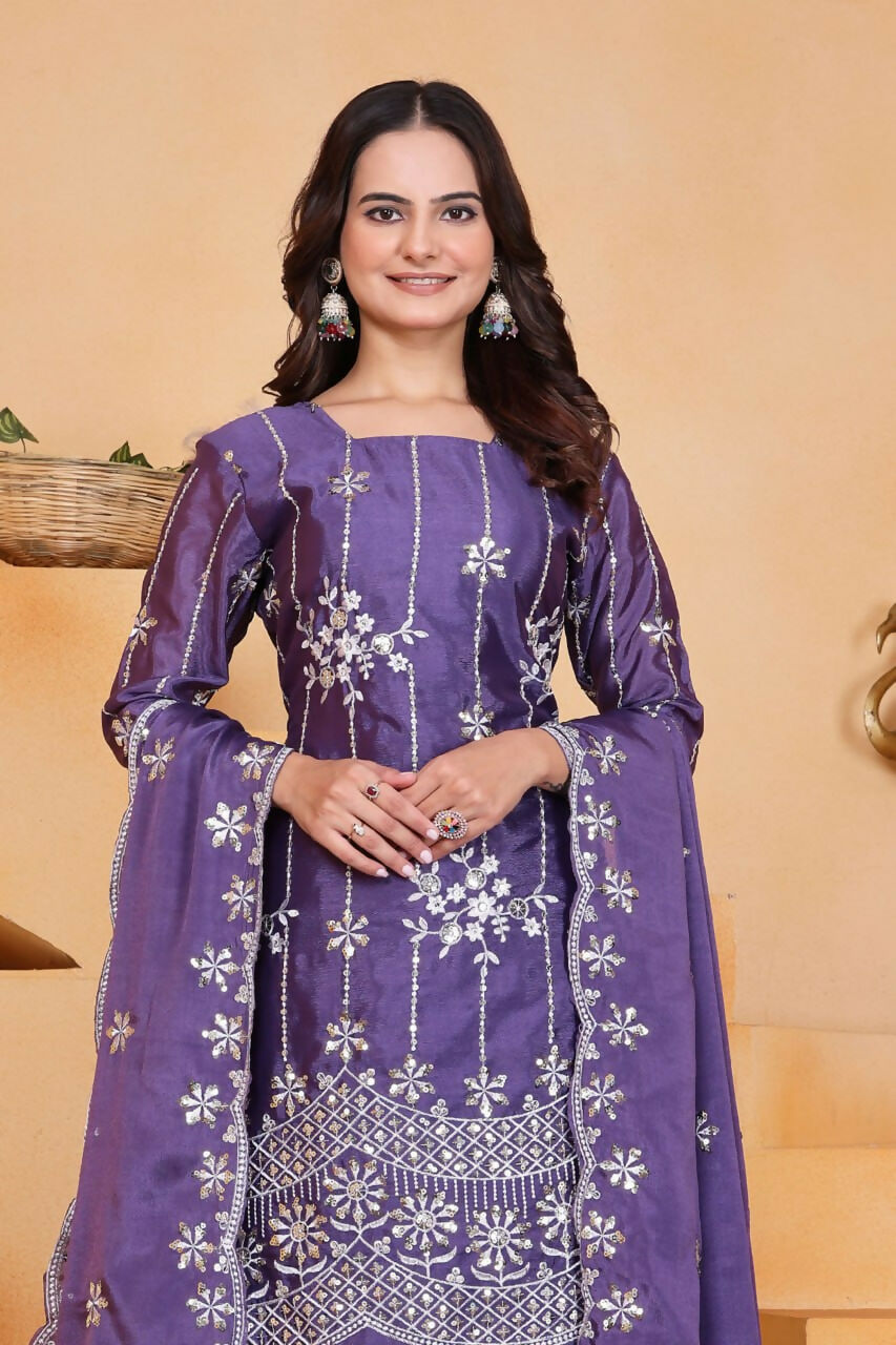 Teeya Creation Lavender Color Chinon Silk Wedding Wear Trending Palazzo Set