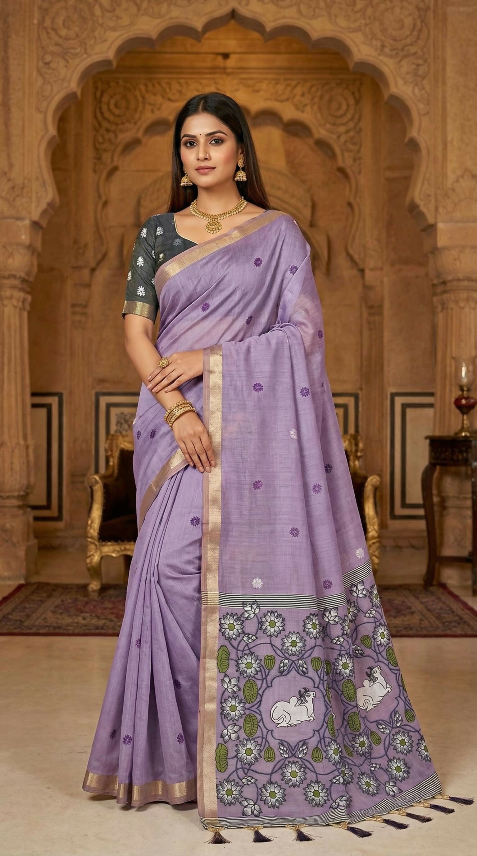 Vastranavya Lavender Muga Cotton Meenakari & Azarakh Pallu Saree with Contrast Blouse