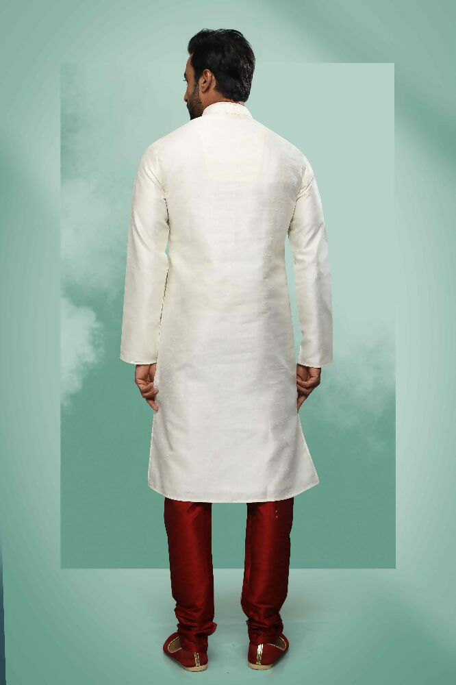 Raivat Ethnic Art Silk Mirror Embroidery Work Kurta Pajama In Cream Colour
