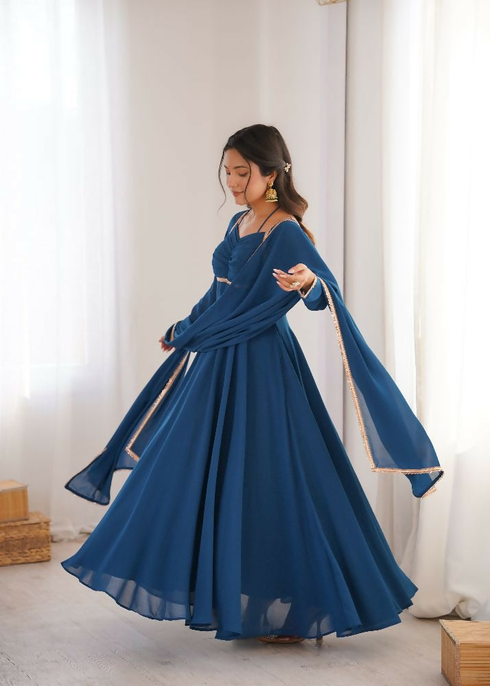 Teeya Creation Blue Faux Georgette Designer Party Wear Long Gown