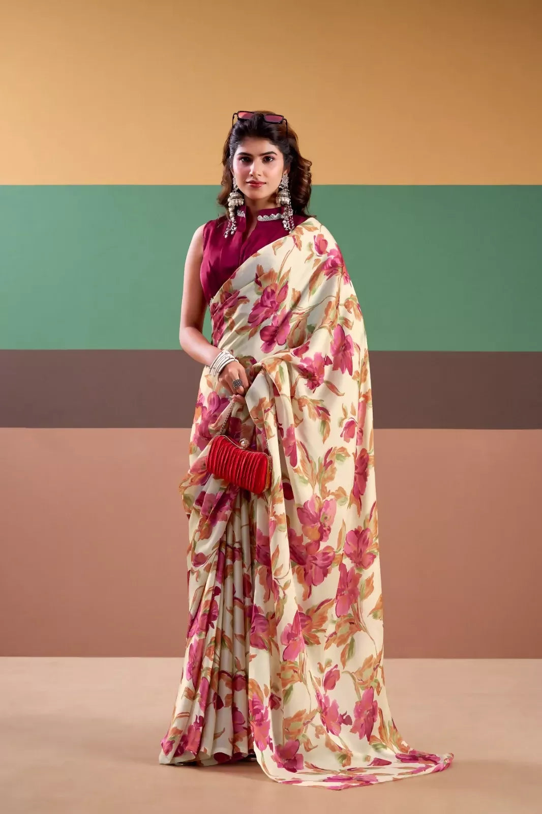 Vastranavya Pink Satin Silk Floral Printed Saree with Stitched Blouse