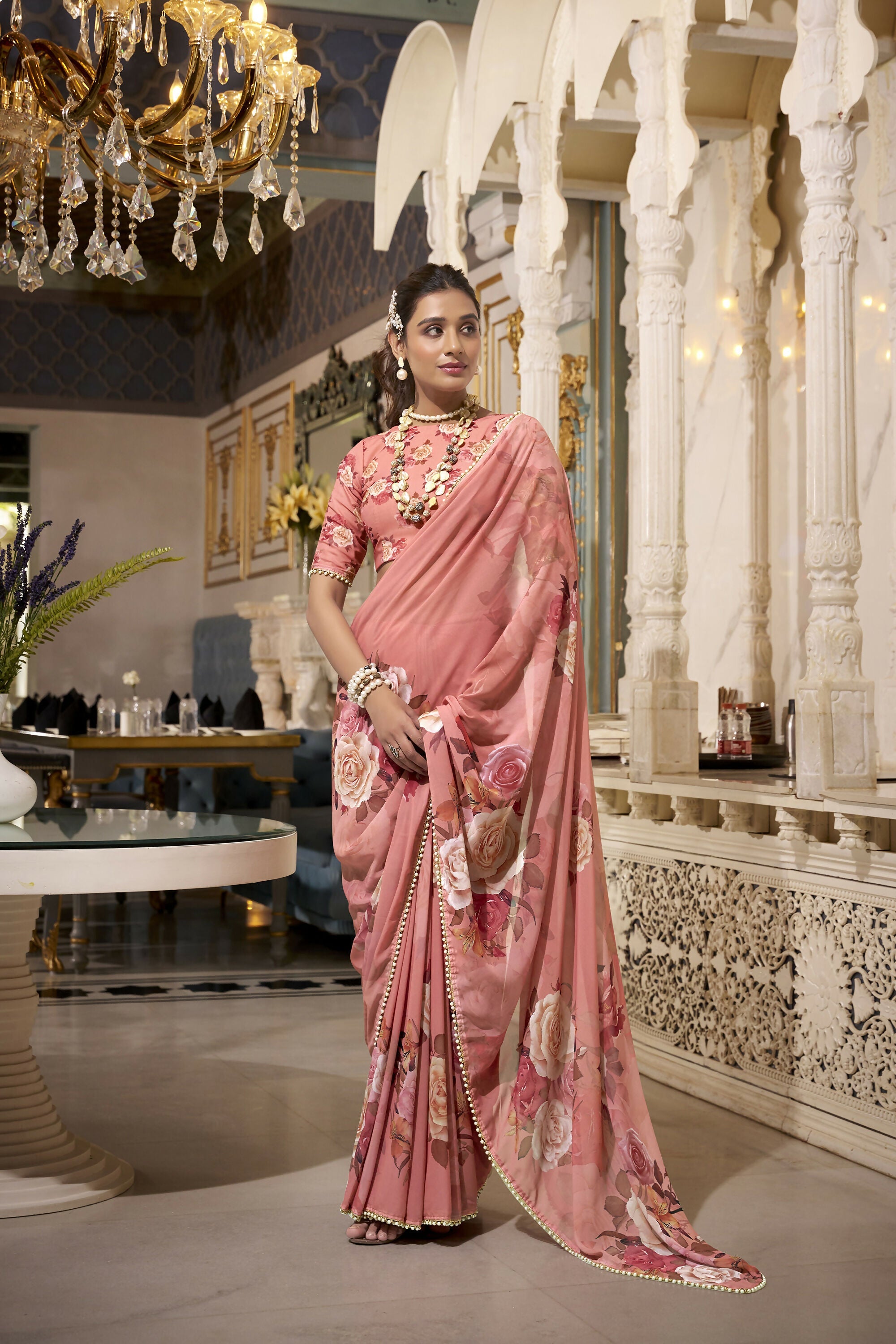 Vastranavya Orange Spectacular Georgette Printed with Pearl Lace Saree with Unstitched Blouse