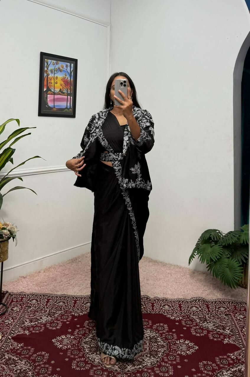 Teeya Creation Black Color Chinon Silk Wedding Wear Ready To Wear Saree With Koti