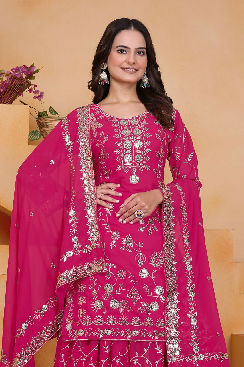 Teeya Creation Pink Color Faux Georgette Embroidery Work Wedding Wear Palazzo Set