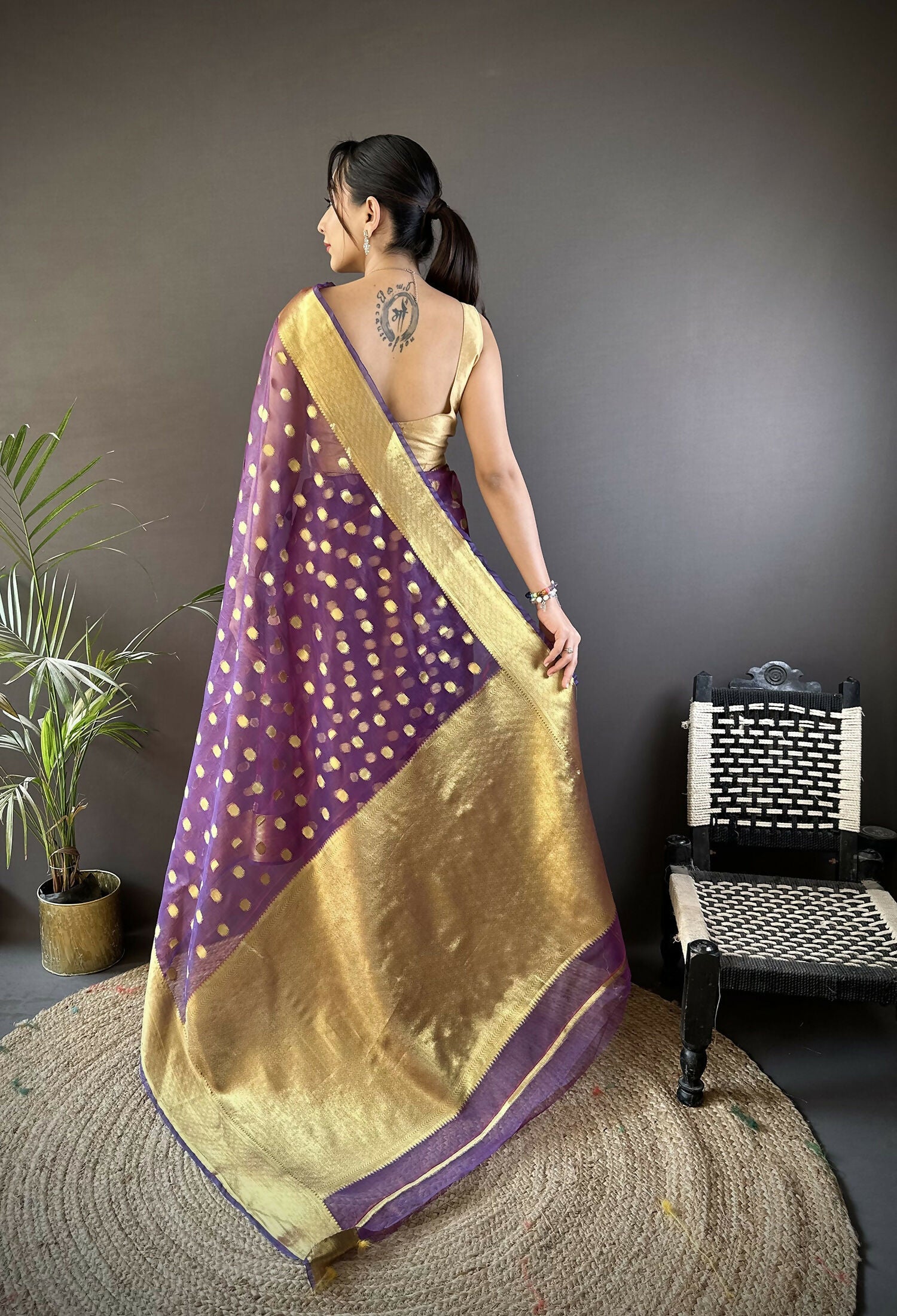 Joban Fashion Purple Polka-Dot Zari Woven Organza Silk Banarasi Silk Saree