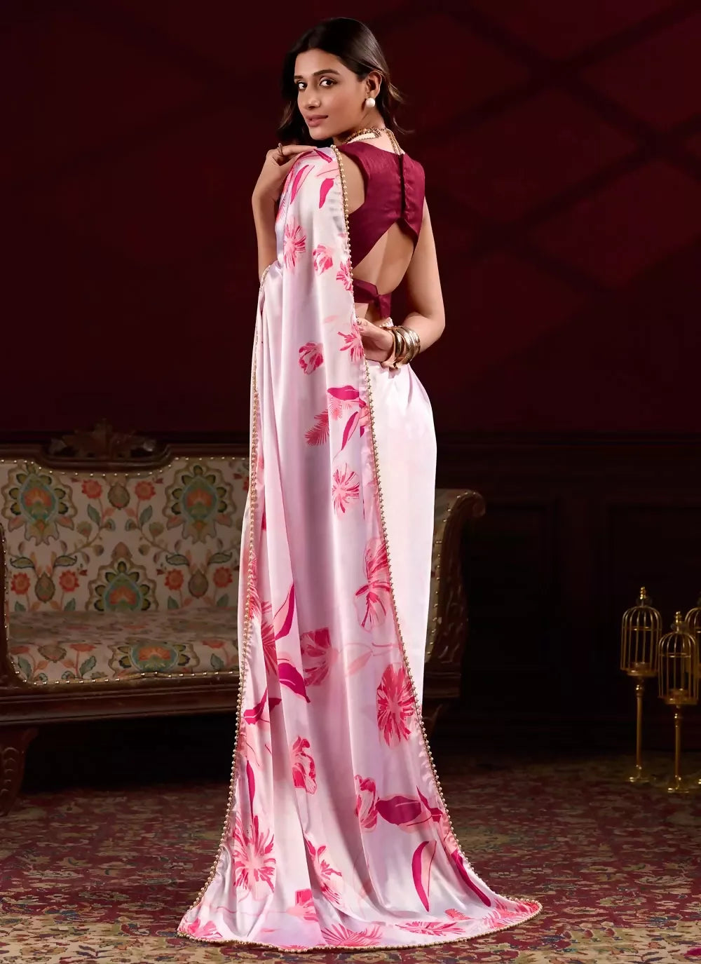 Vastranavya Baby Pink Satin Silk Floral Printed with Pearl Lace Saree with Unstitched Blouse