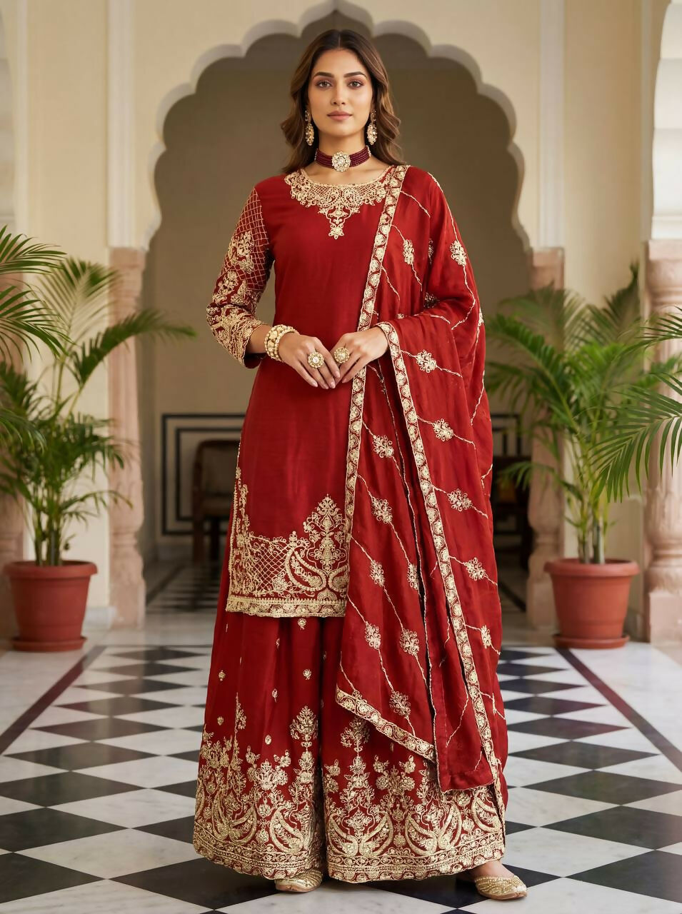 Teeya Creation Red Chinon Silk Designer Wedding Wear Embroidery Work Palazzo