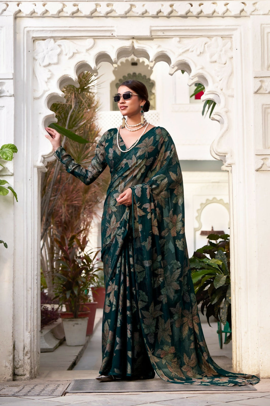 Vastranavya Bottle Green Lurex Brasso Floral Printed Saree with Unstitched Blouse