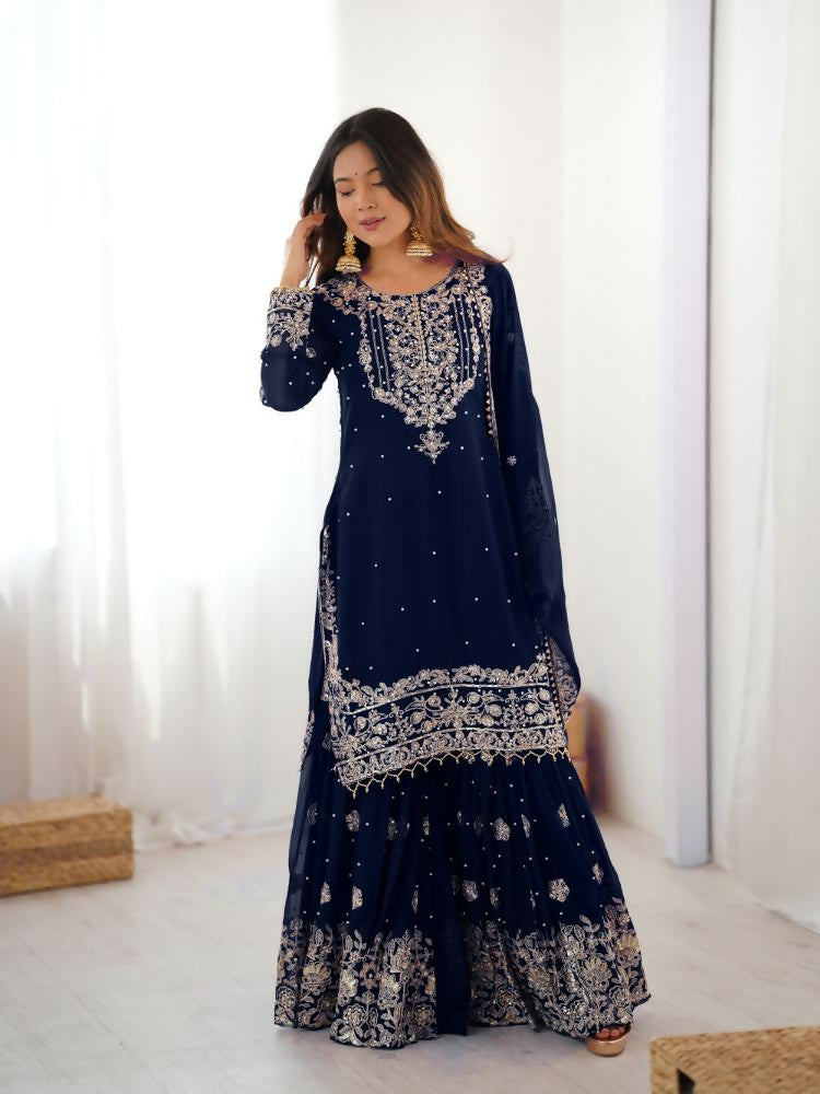 Lehenga Mart Designer Sharara Suit With Kurta, Sharara, Dupatta For Women-Teal