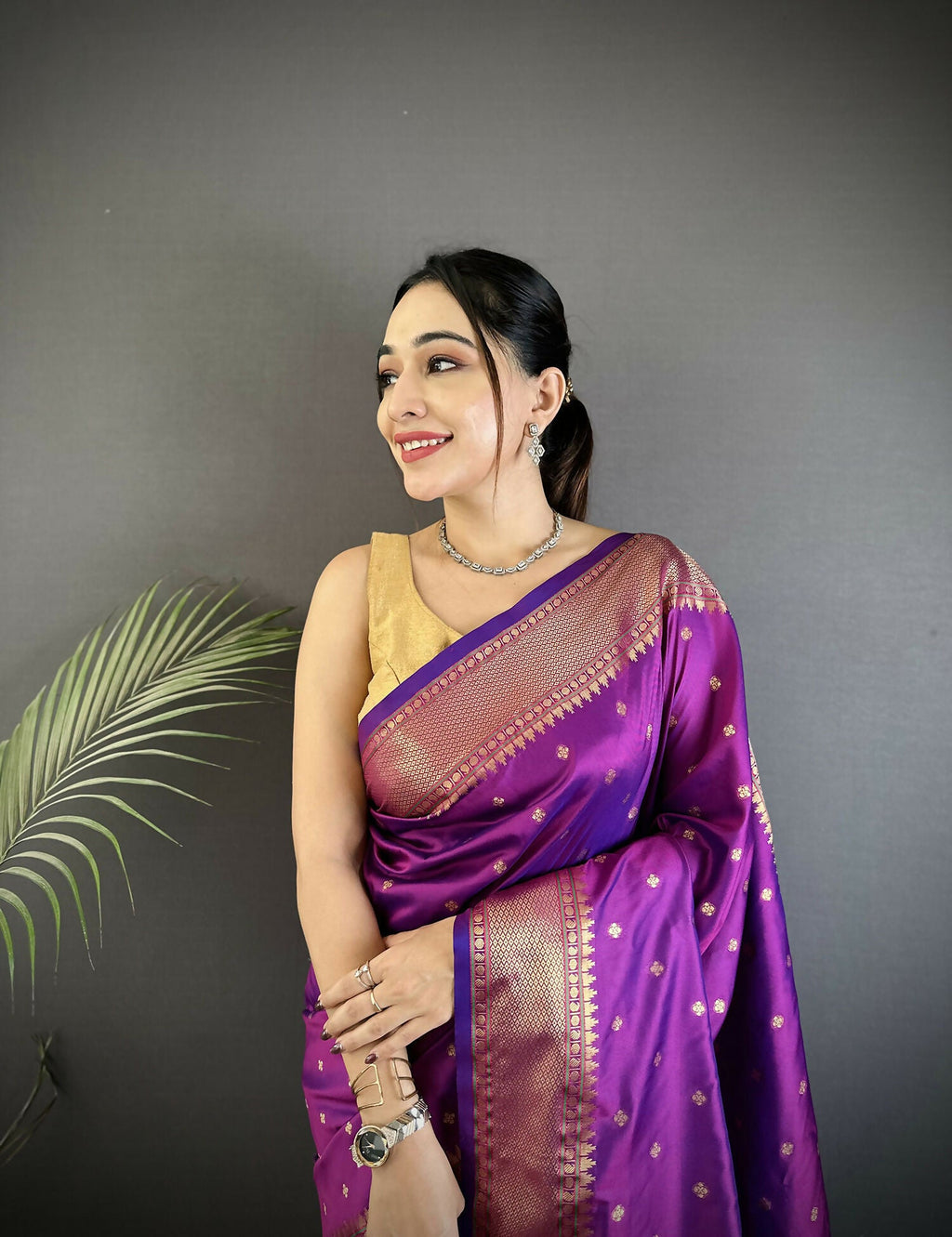 Joban Fashion Purple Butti Woven Soft Lichi Silk Paithani Saree