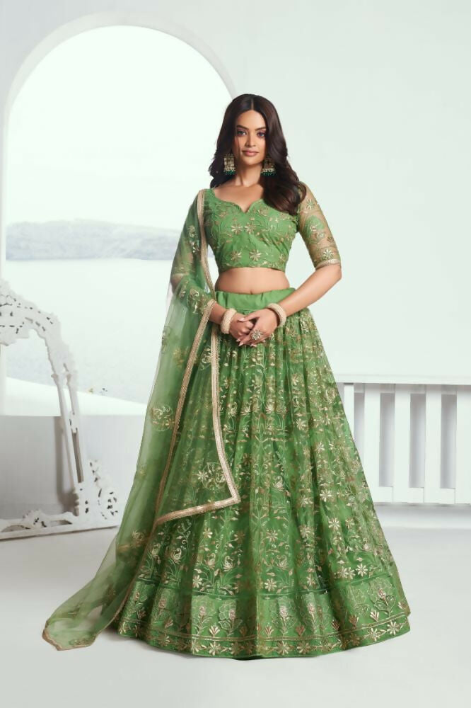 Aastha Fashion Pista Green Butterfly Net Tone To Tone Cotton Thread Work And Sequence Work Embroidery Wedding Wear Lehenga Choli