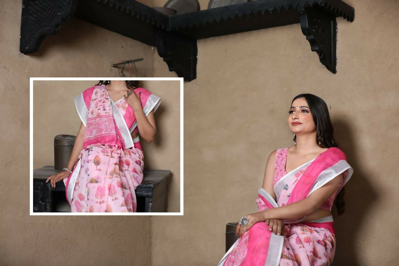 Prime Volt Linen Cotton Pink Printed Saree with Contrast Zari Border and Designer Blouse