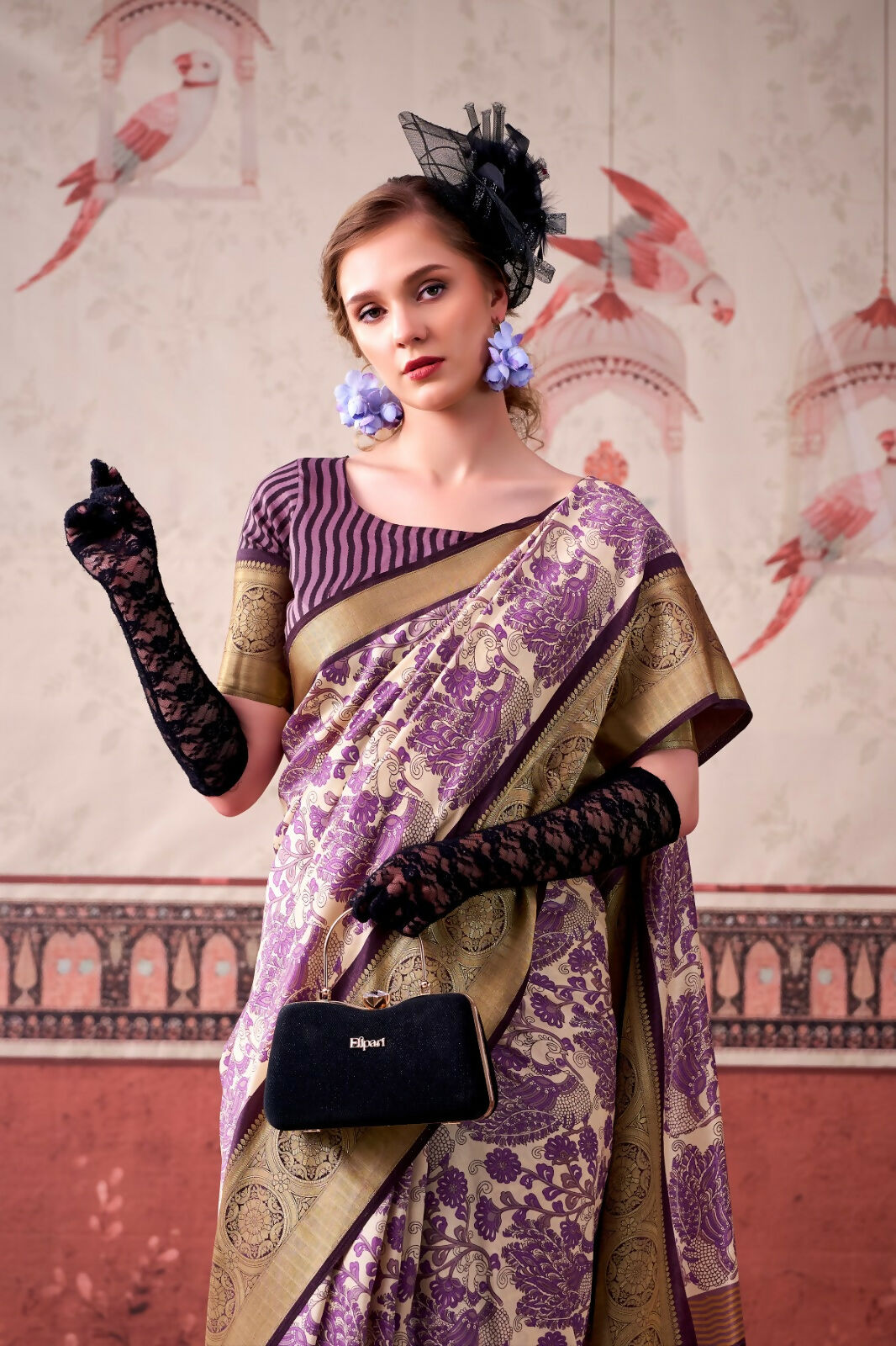 Vastranavya Lavender Tussar Silk Printed with Viscose Border Saree & Unstitched Blouse