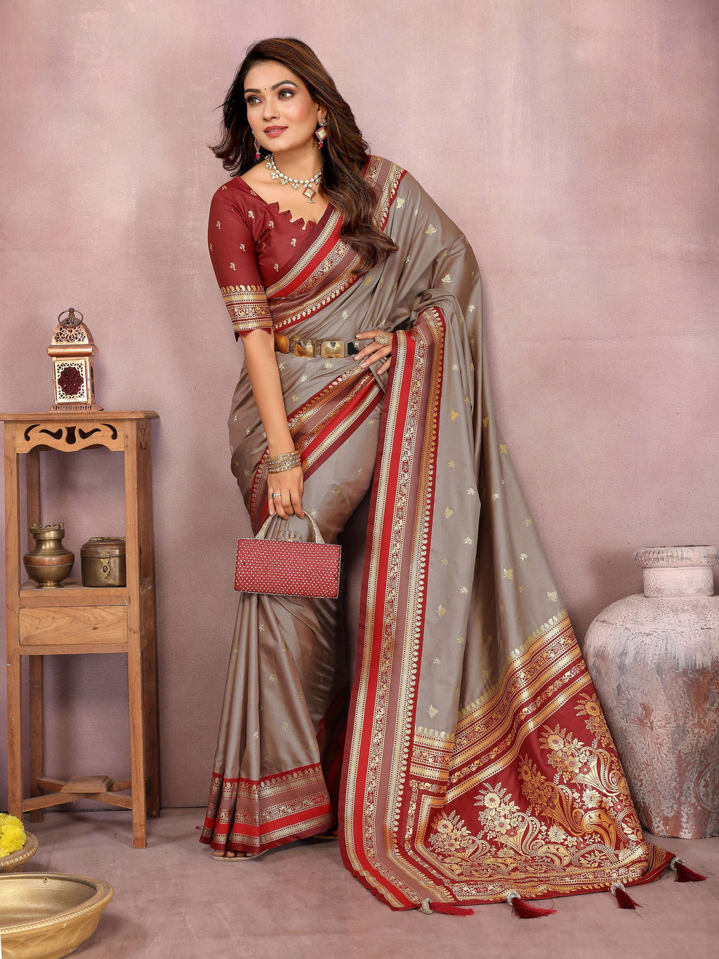 Aastha Fashion Grey Kalamkari Silk Weaving Saree