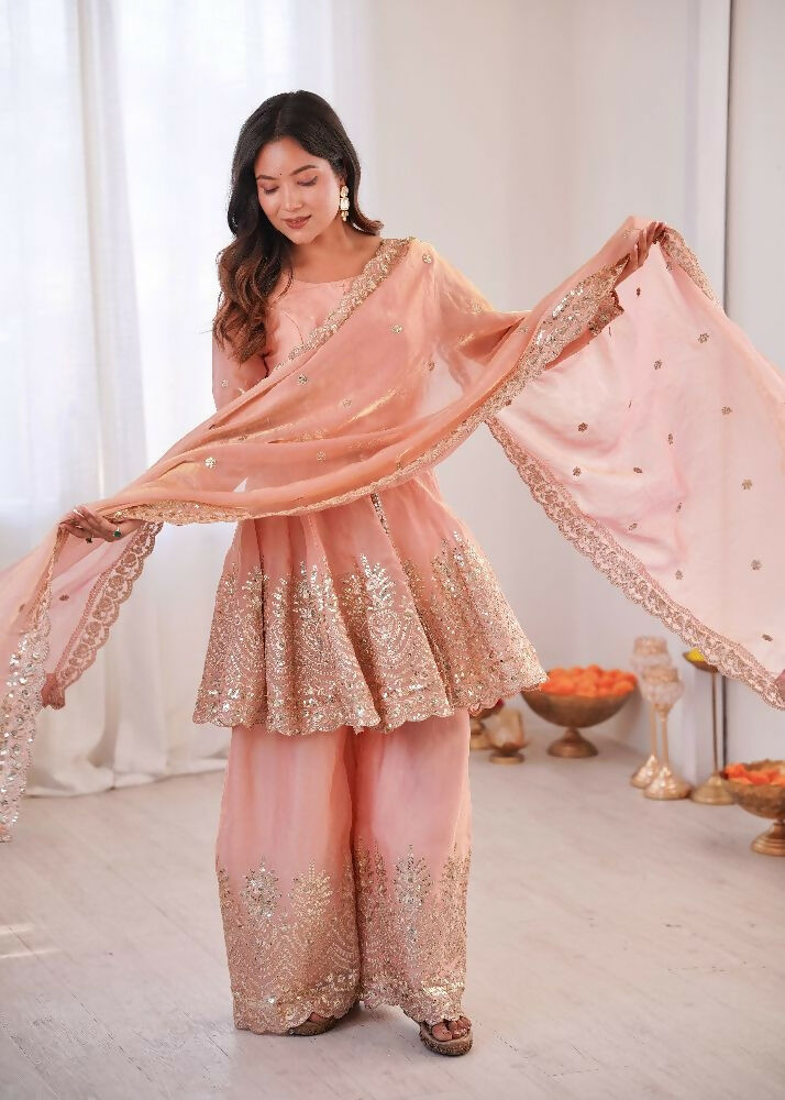 Teeya Creation Light Peach Color Fendy Satin Silk Embroidery Work Party Wear Salwar Suit