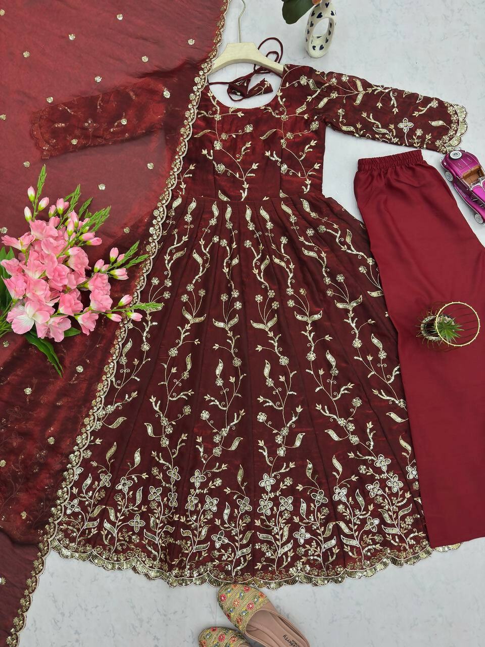 Teeya Creation Maroon Color Faux Georgette Long Party Wear Gown