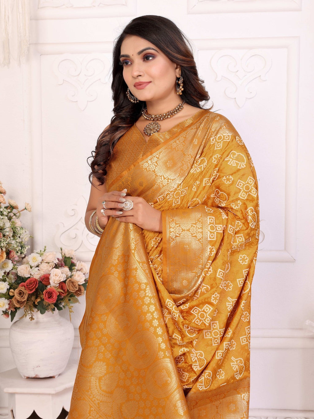 Anaita Yellow Soft Satin Silk Bandhej Print Saree With Kanchi Zari Weaving Border