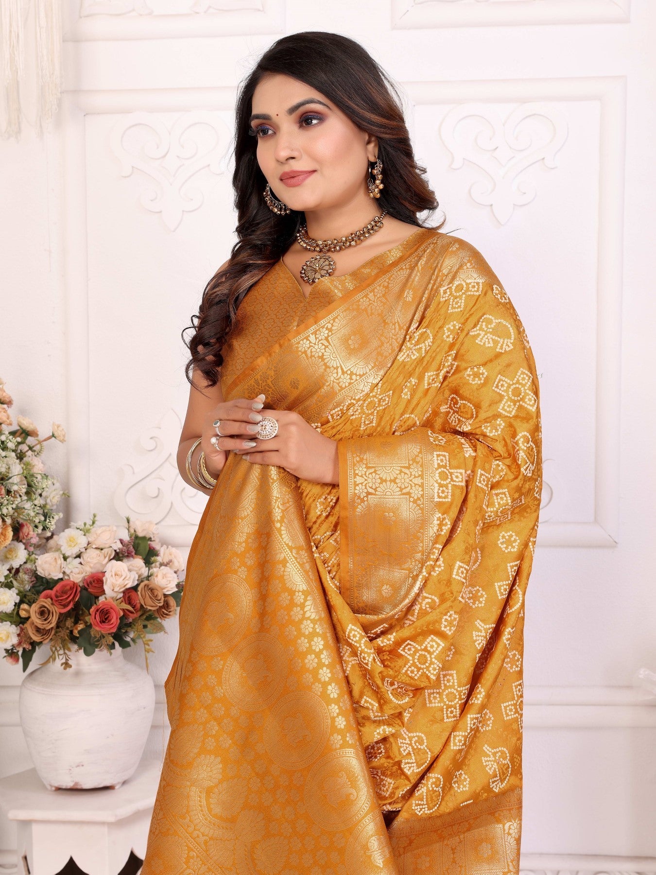 Anaita Yellow Soft Satin Silk Bandhej Print Saree With Kanchi Zari Weaving Border