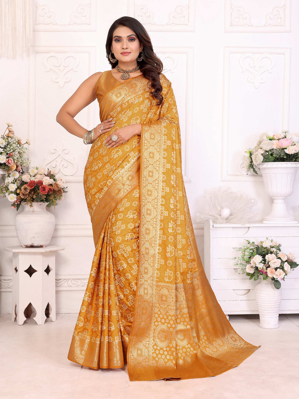 Anaita Yellow Soft Satin Silk Bandhej Print Saree With Kanchi Zari Weaving Border