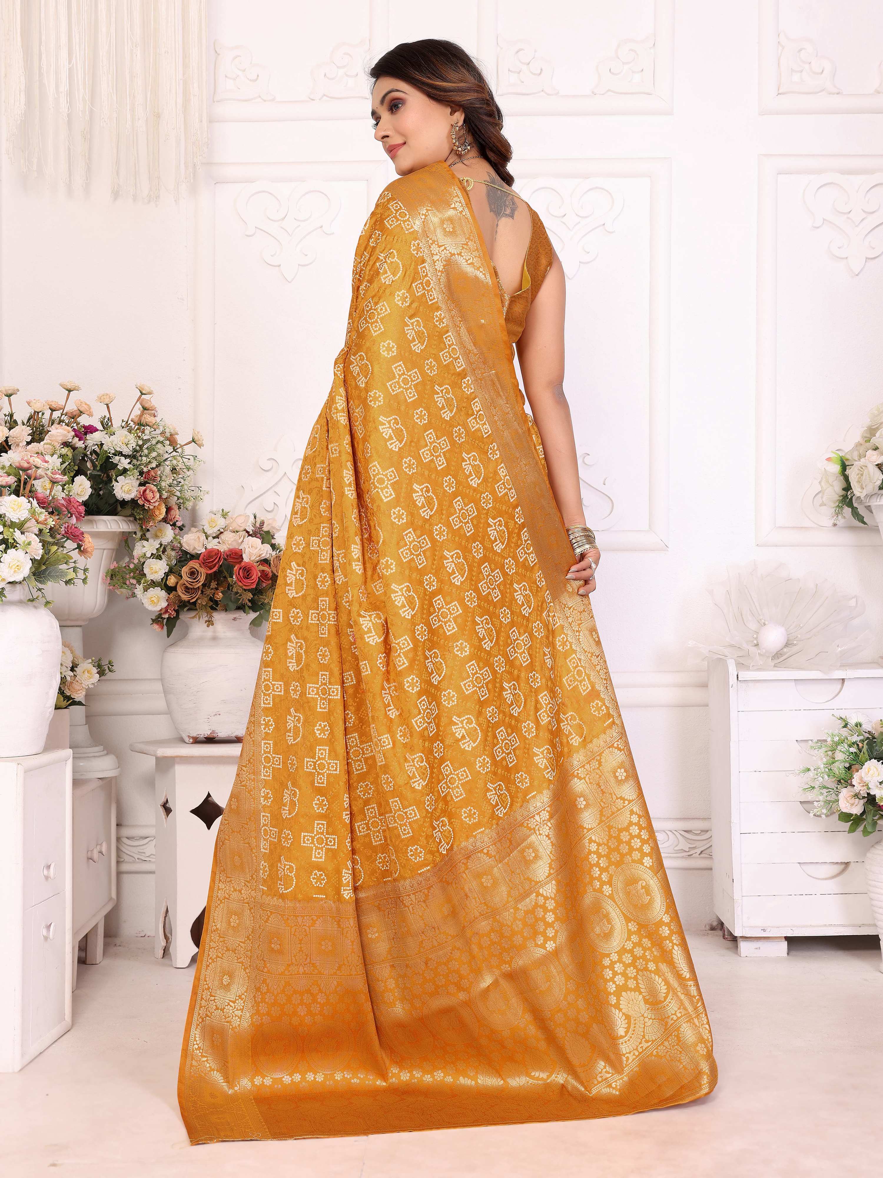 Anaita Yellow Soft Satin Silk Bandhej Print Saree With Kanchi Zari Weaving Border