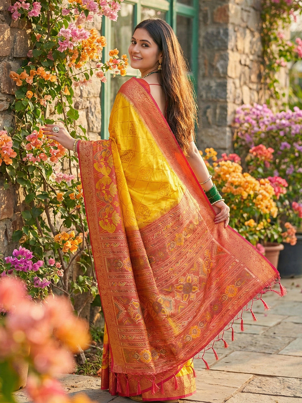 Anaita Yellow Pochampally Printed Saree With Blouse