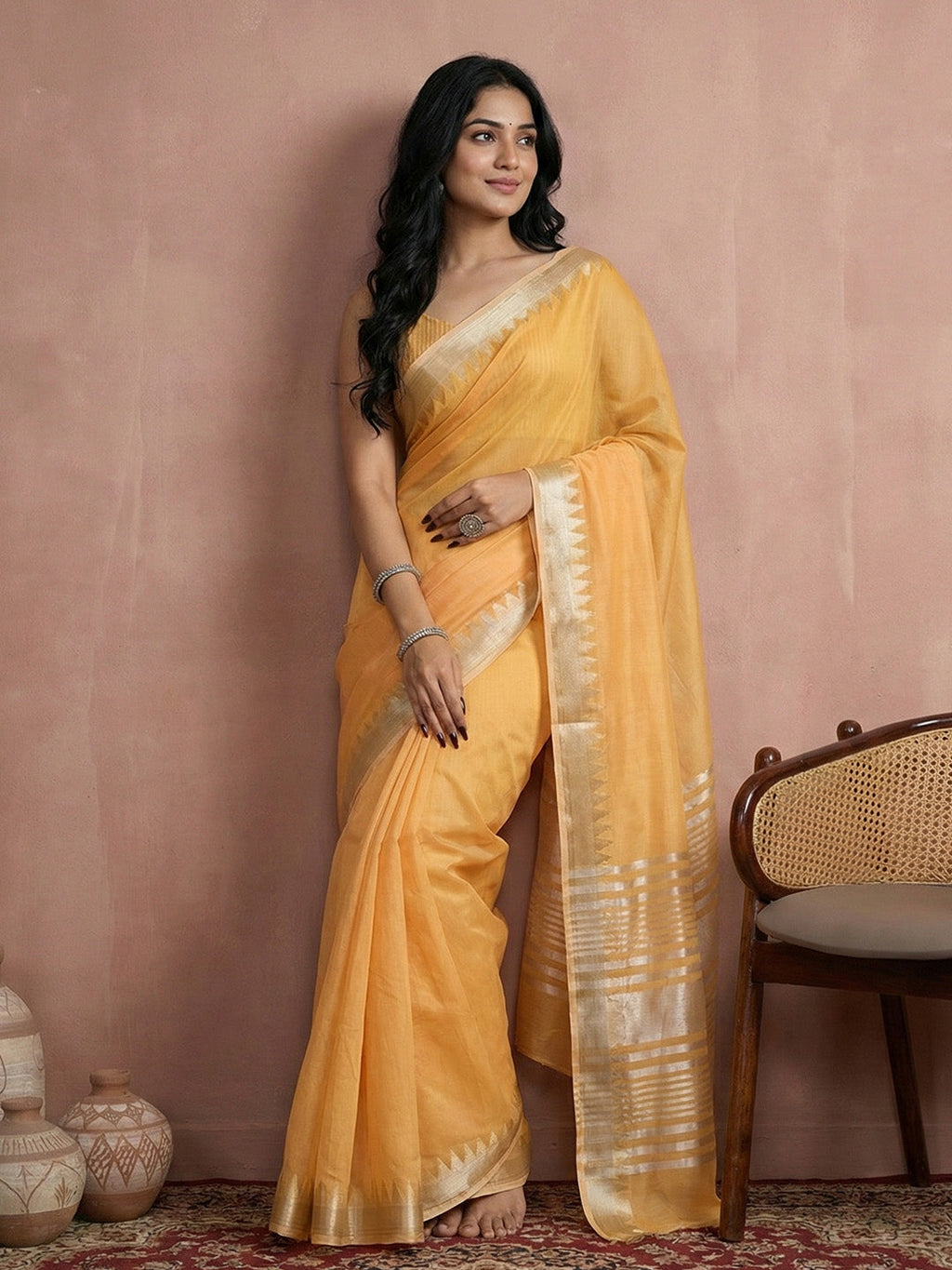 Anaita Yellow Cotton Saree With Blouse