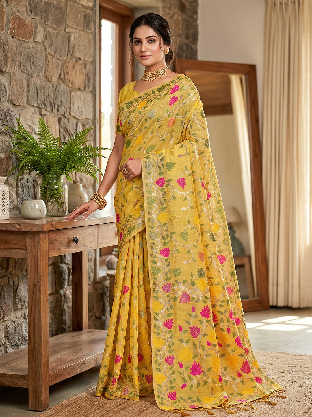 Anaita Yellow Linen Woven Work Saree With Blouse