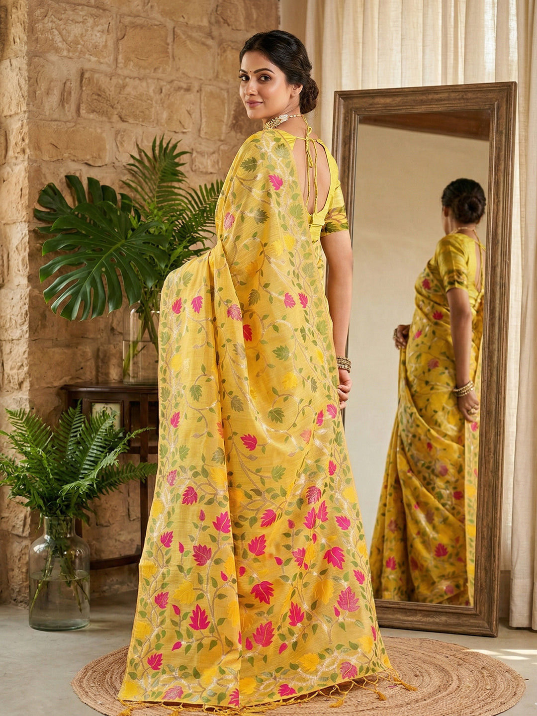 Anaita Yellow Linen Woven Work Saree With Blouse