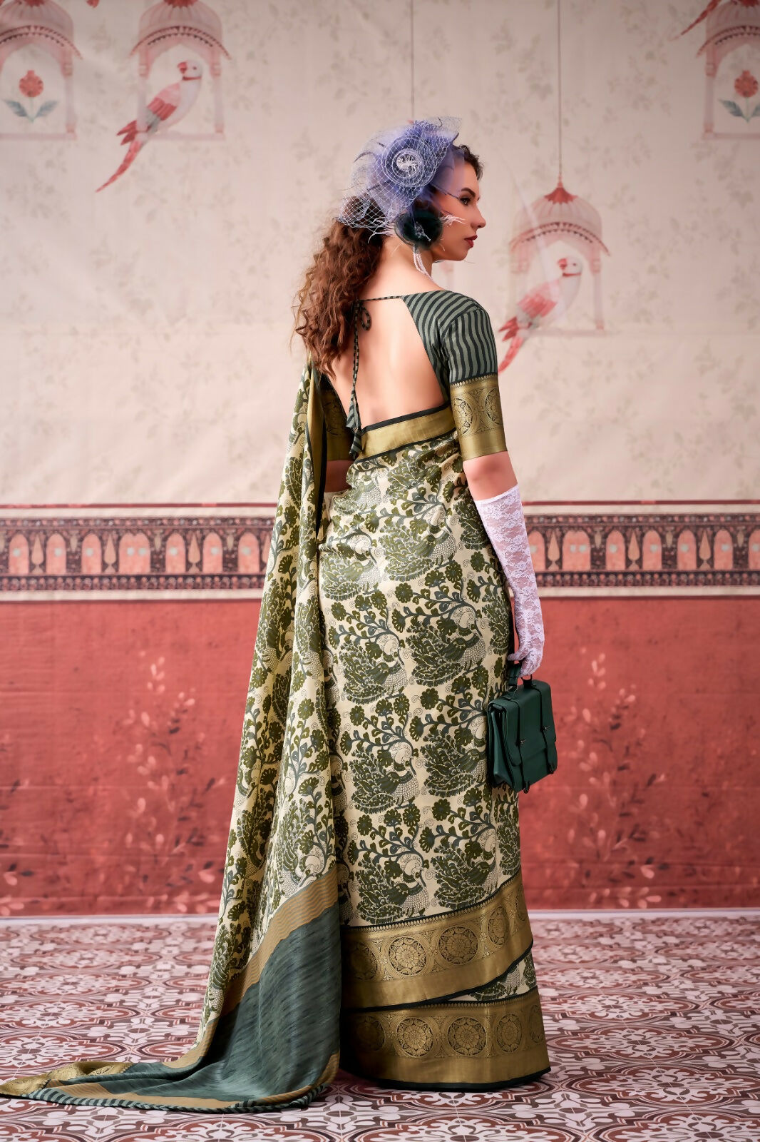 Vastranavya Mehendi Tussar Silk Printed with Viscose Border Saree & Unstitched Blouse