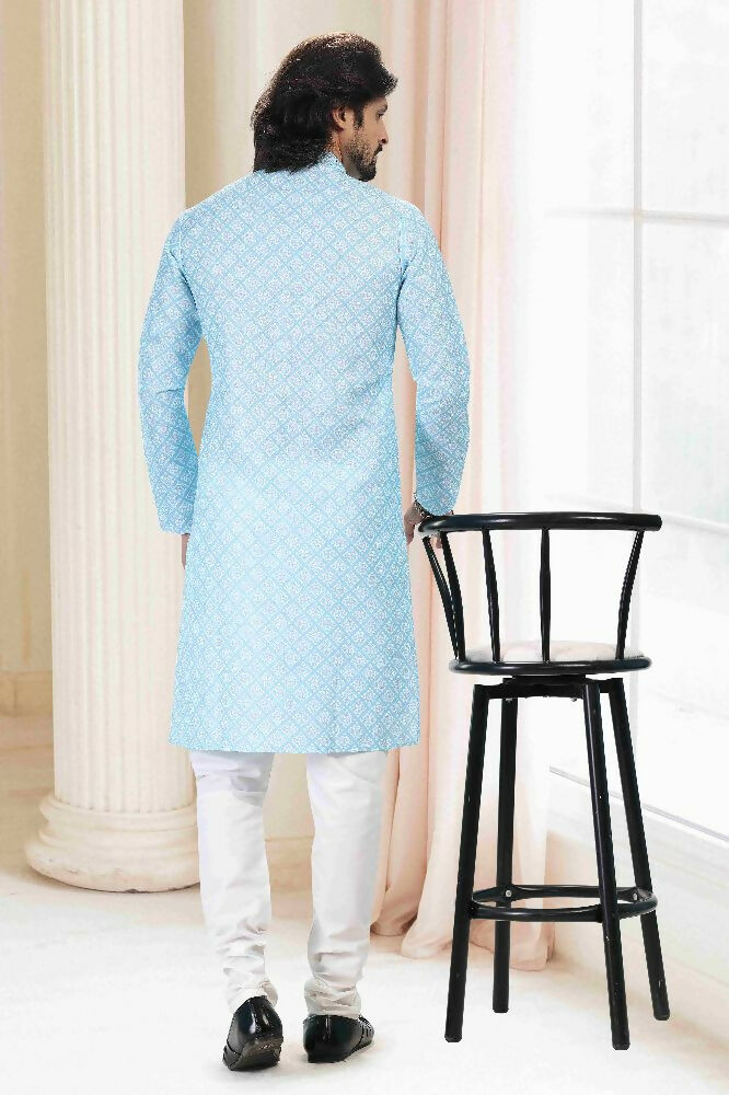 Raivat Ethnic Cotton Thread Work Kurta Pajama In Sky Blue Colour