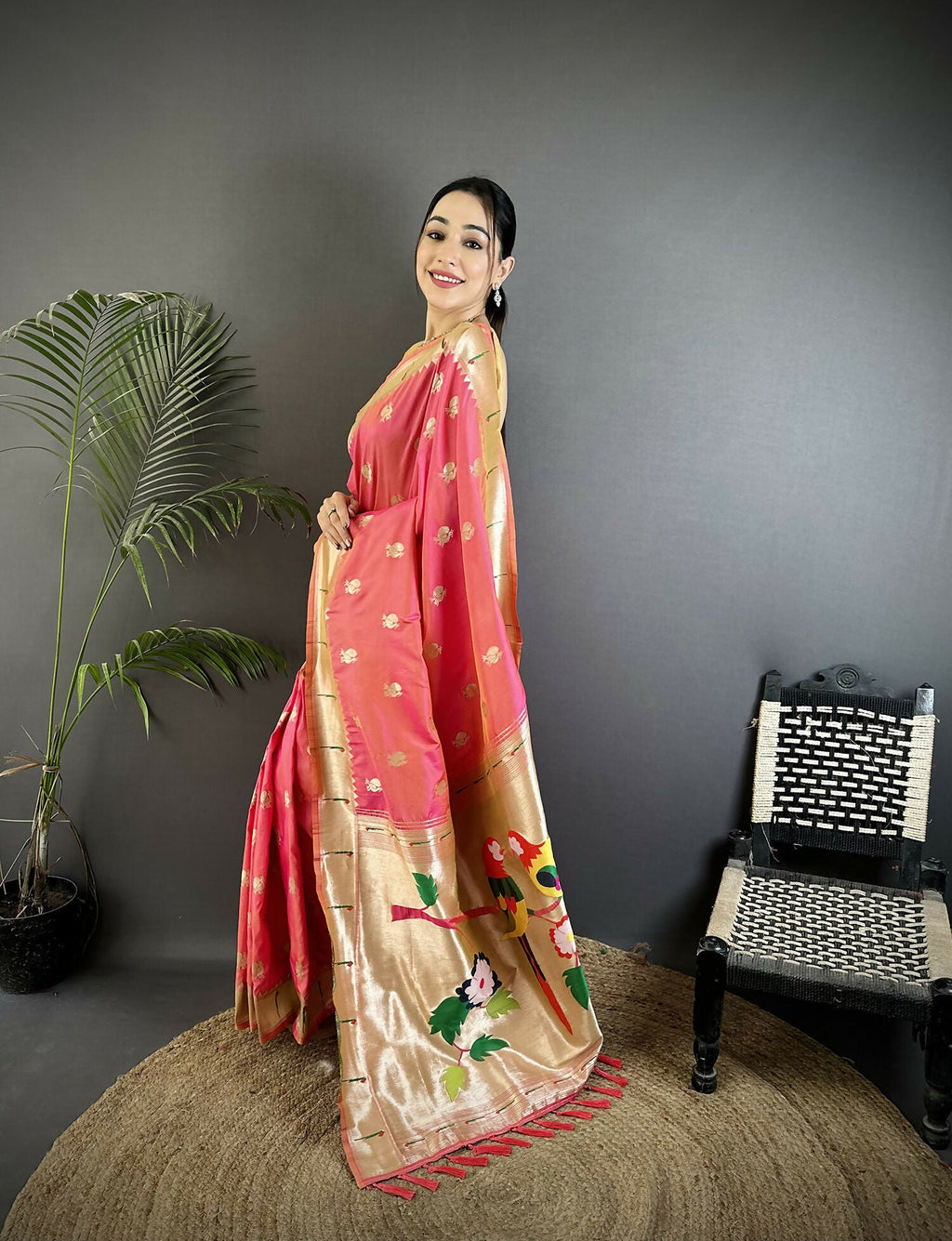 Joban Fashion Peach Peacock & Floral Motifs Soft Silk Kanchipuram Saree