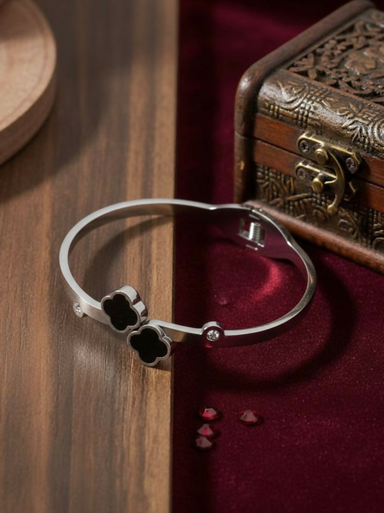 NVR Women Silver Plated Black Cuff Bracelet