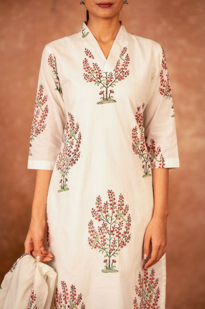 Joban Fashion Off White Pink Hand Block Printed Cotton Suit Set