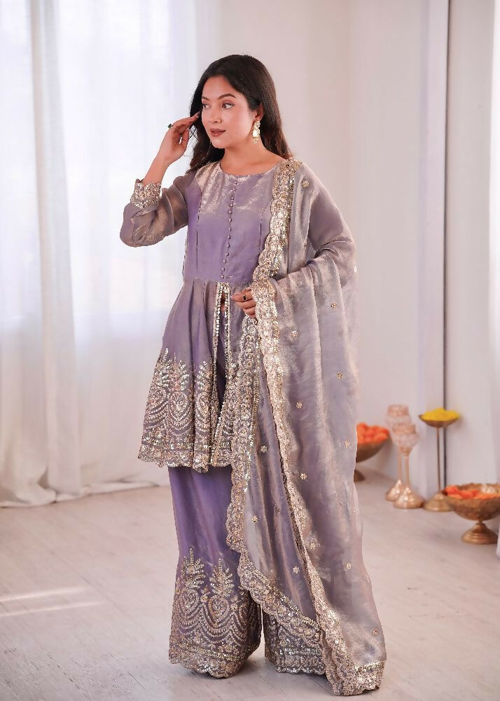 Teeya Creation Lavender Color Fendy Satin Silk Embroidery Work Party Wear Salwar Suit