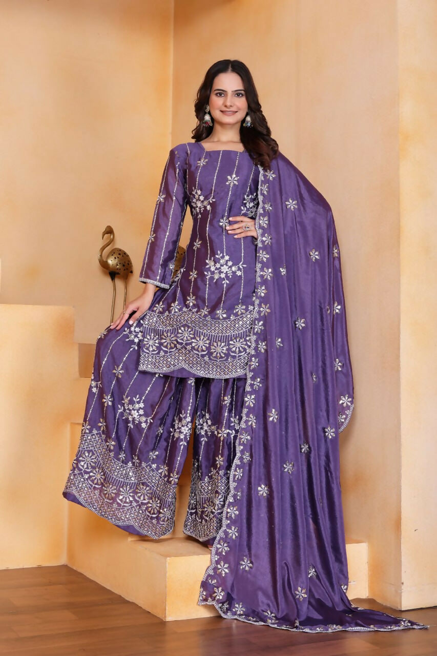 Joban Fashion Purple Silk Embroidered Sharara Set
