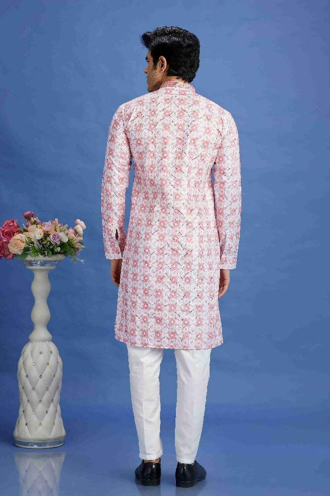 Raivat Ethnic Cotton Embroidery Kurta Pajama In Pink Colour