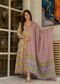 Jaimini Women Cotton Printed V-Neck 3/4 Sleeves Calf Length Flared Kurta Pant And Dupatta Set
