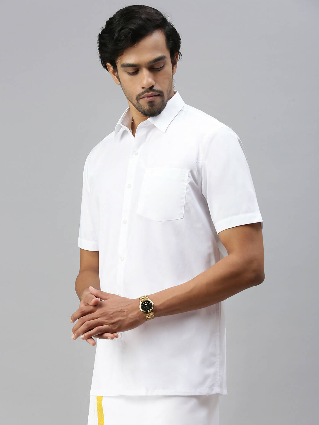 Ramraj Cotton Mens Half Sleeve Formal Poly Cotton White Shirt