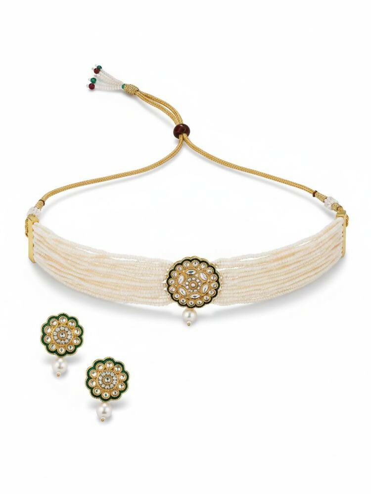 NVR Women Gold Plated White Kundan Jewellery Set
