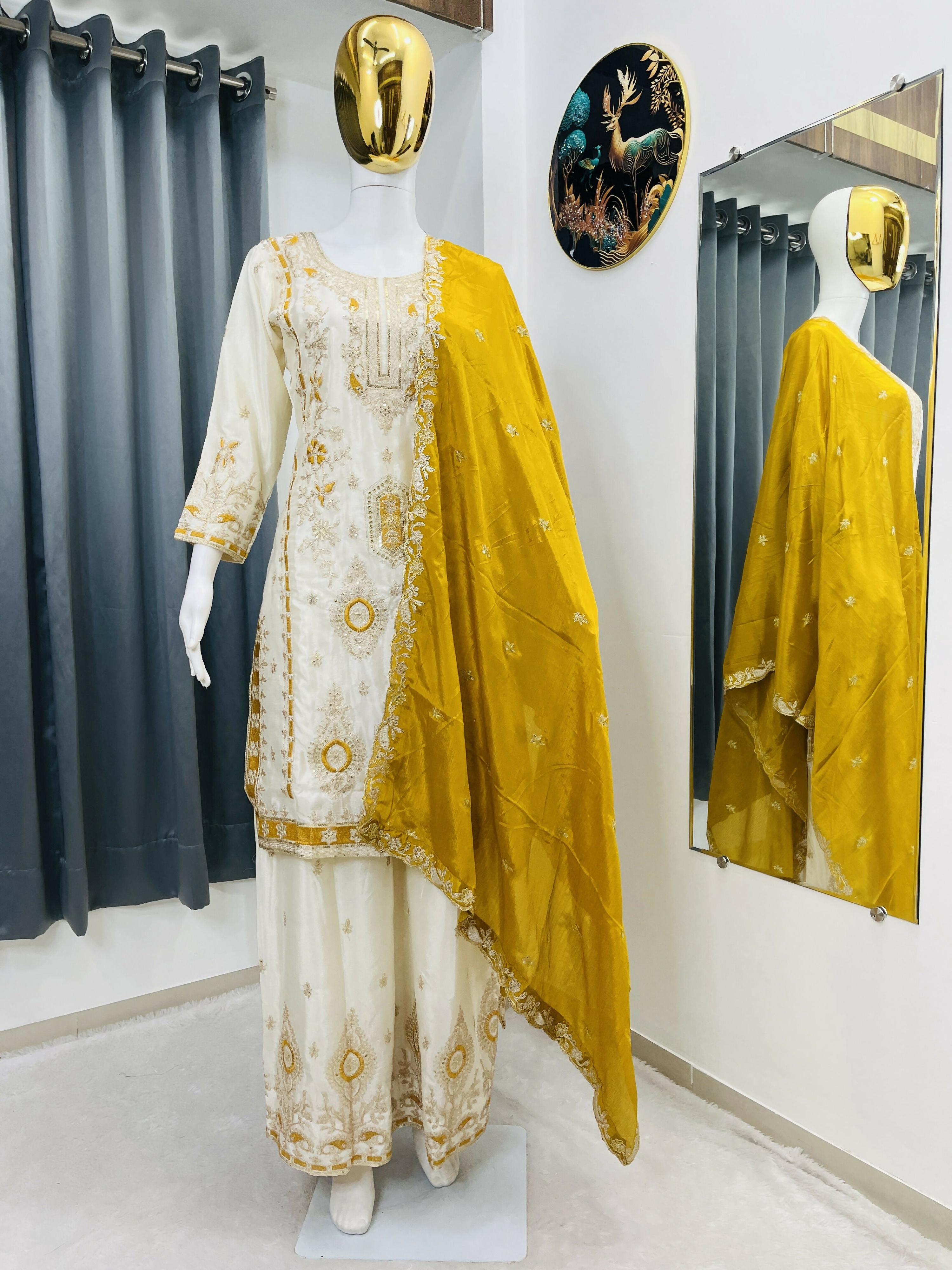 Teeya Creation White Color Chinon Silk Party Wear Trending Palazzo Set