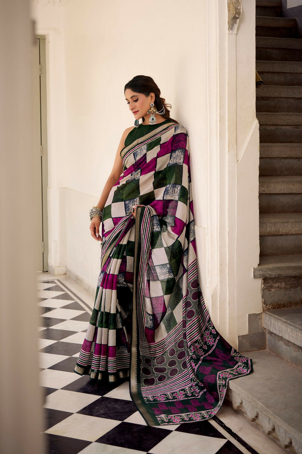 Vastranavya Green Viscose Chanderi Printed with Temple Border Saree & Unstitched Blouse