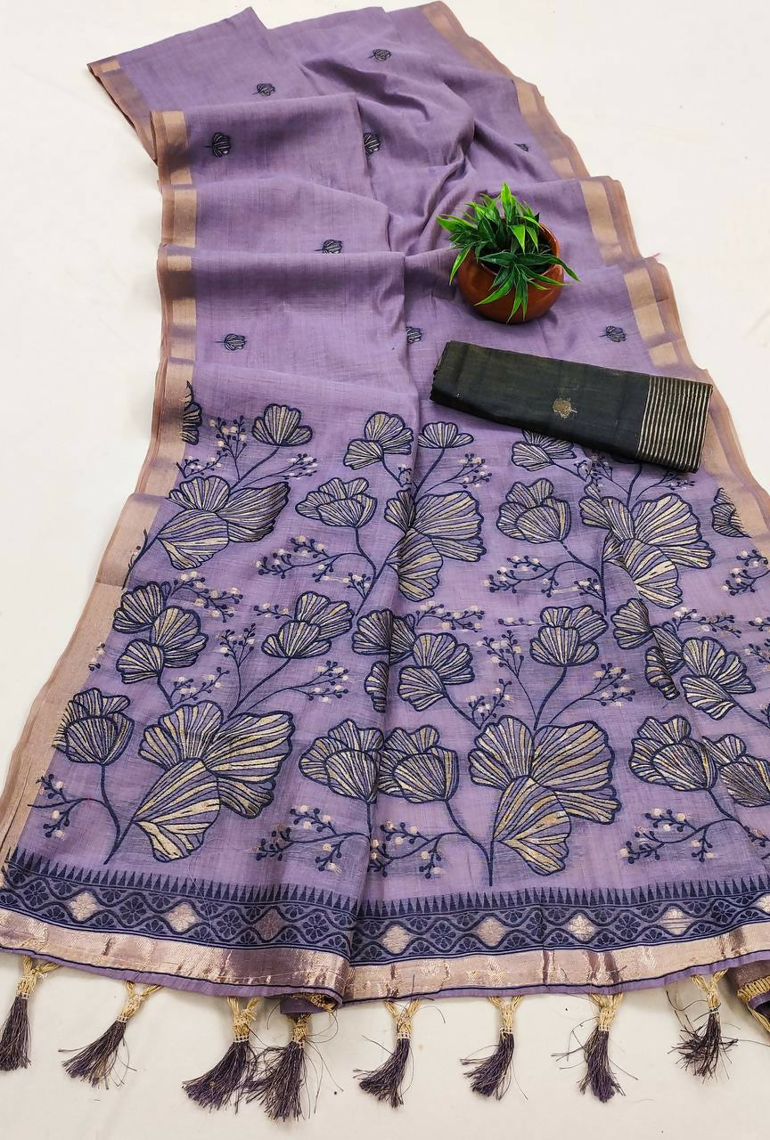 Vastranavya Lavender Muga Cotton Meenakari & Azarakh Pallu Saree with Contrast Blouse