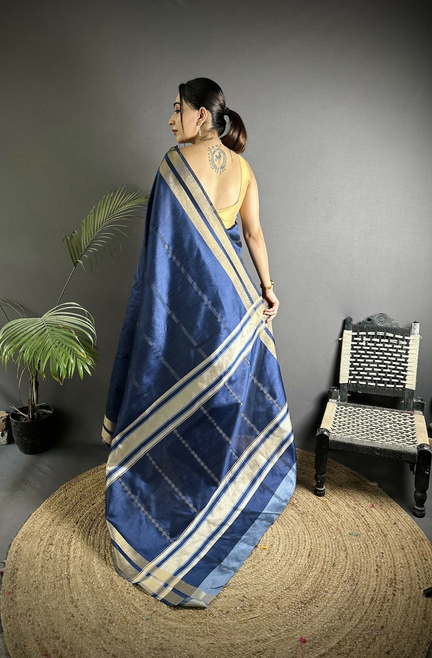 Joban Fashion Navy Blue Woven Pattern Raw Silk Kanjivaram Silk Saree