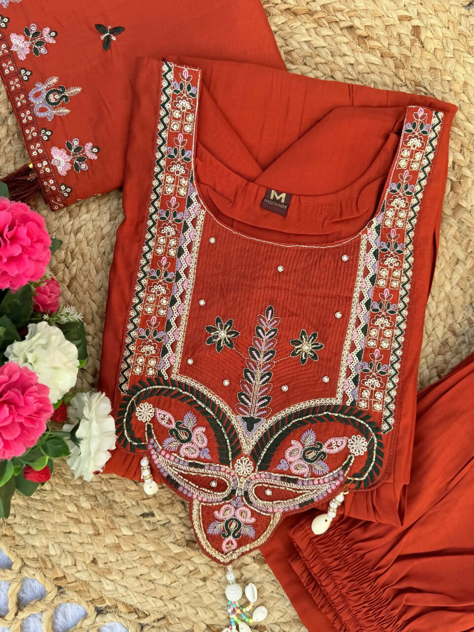 Lehenga Mart Designer Anarkali Suit With Kurta, Pant, Dupatta For Women-Rust Orange