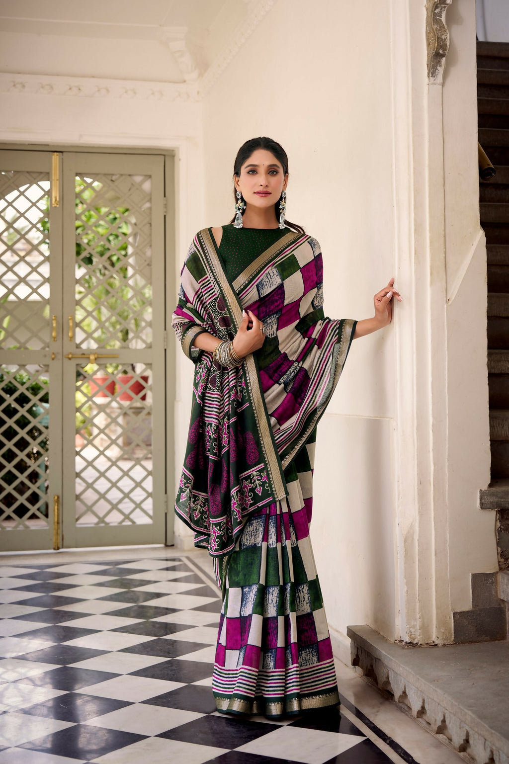 Vastranavya Green Viscose Chanderi Printed with Temple Border Saree & Unstitched Blouse