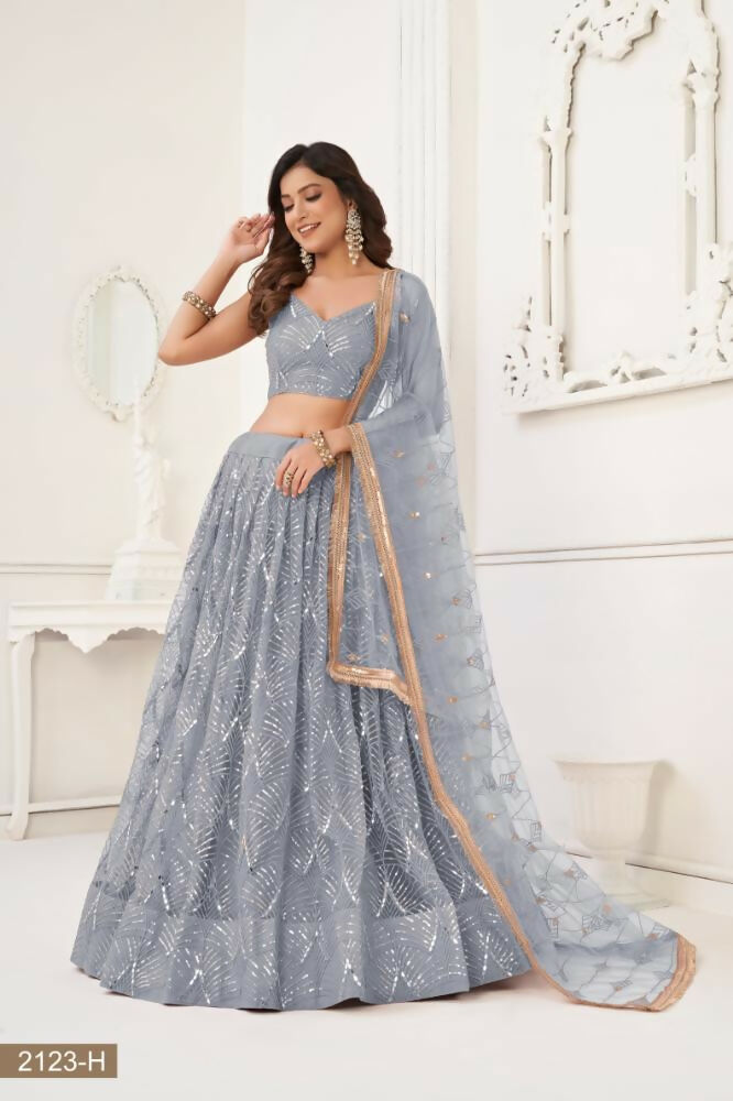 Aastha Fashion Light Gray Butterfly Net Tone To Tone Thread Work, Sequence Work And Original Mirror Work Embroidery Wedding Wear Lehenga Choli