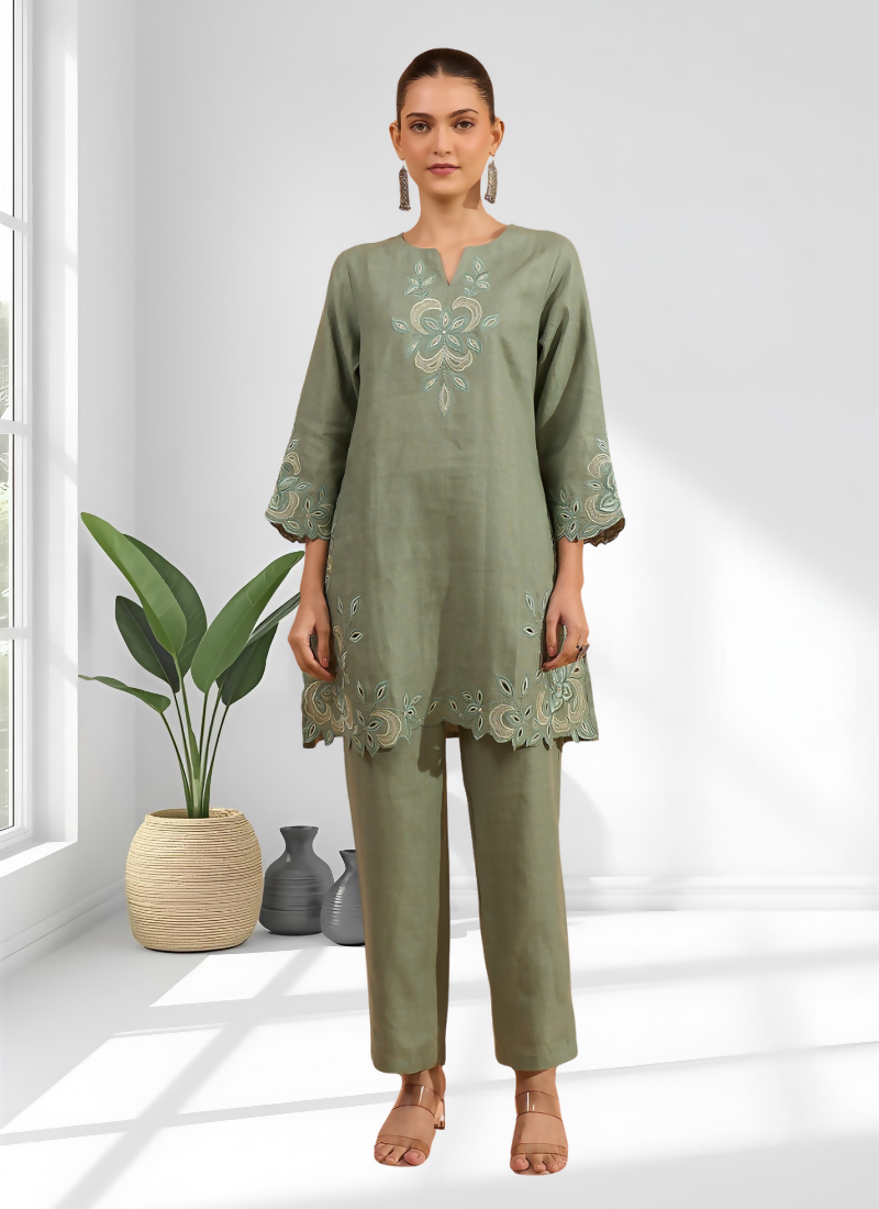 Joban Fashion Pista Green Linen Embroidered Readymade Cord Set